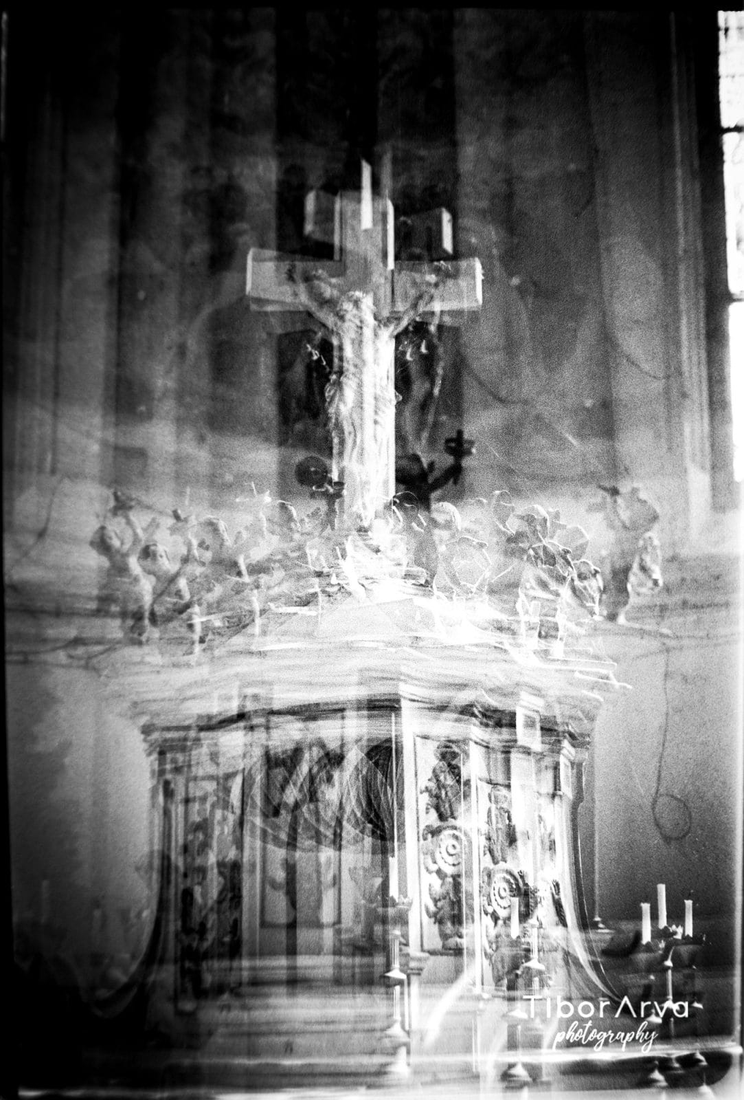 Multiple exposure inside a Serbian Orthodox church — analog gelatin silver print by Tibor Arva